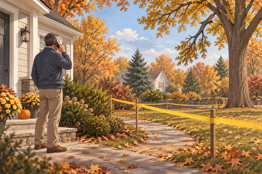 AI illustration of a homeowner calling for tree-care help from outside a cordoned autumn yard.