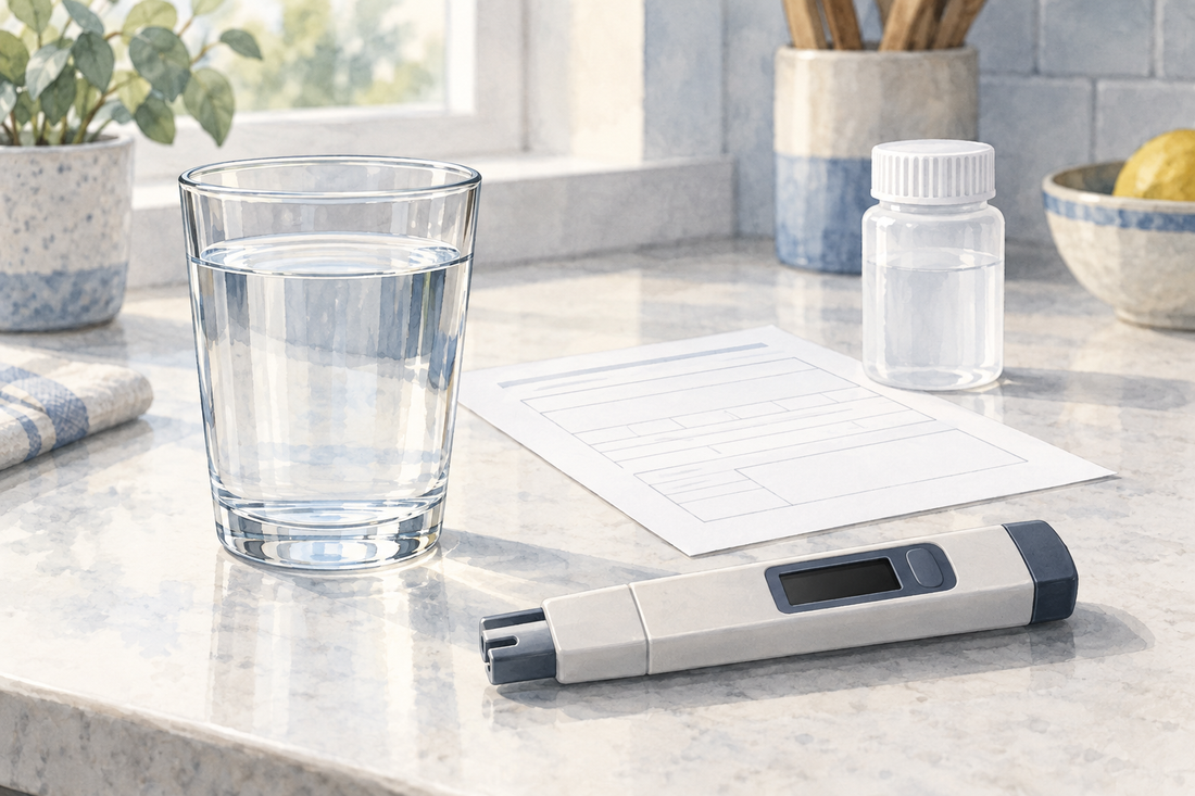 AI-generated illustration: a glass of water beside a meter with a blank display and a sample bottle