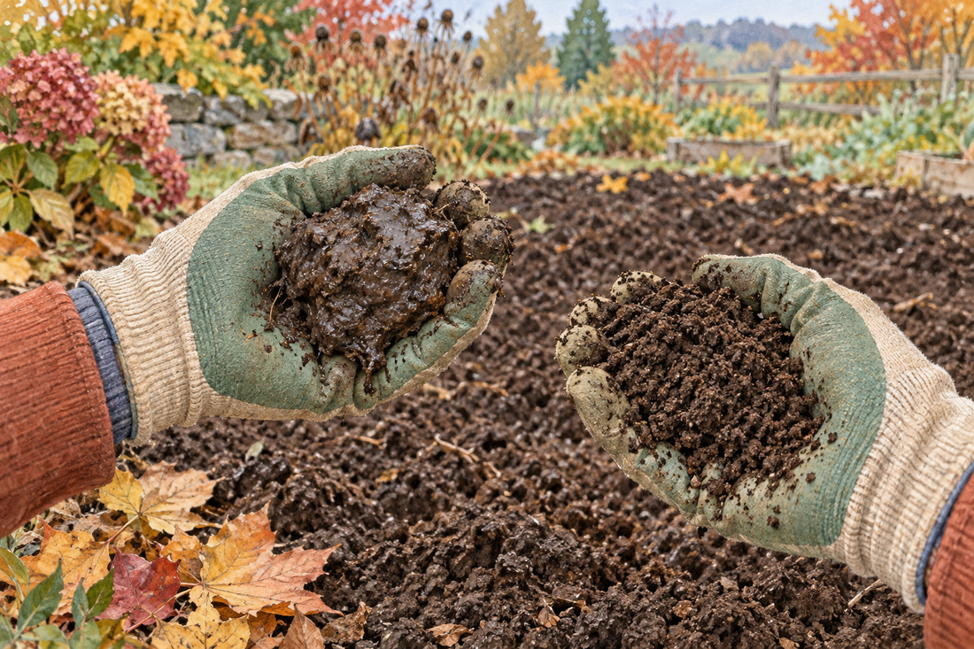 AI-generated illustration: gloved hands showing a wet soil clump and loose soil crumbs in an autumn garden