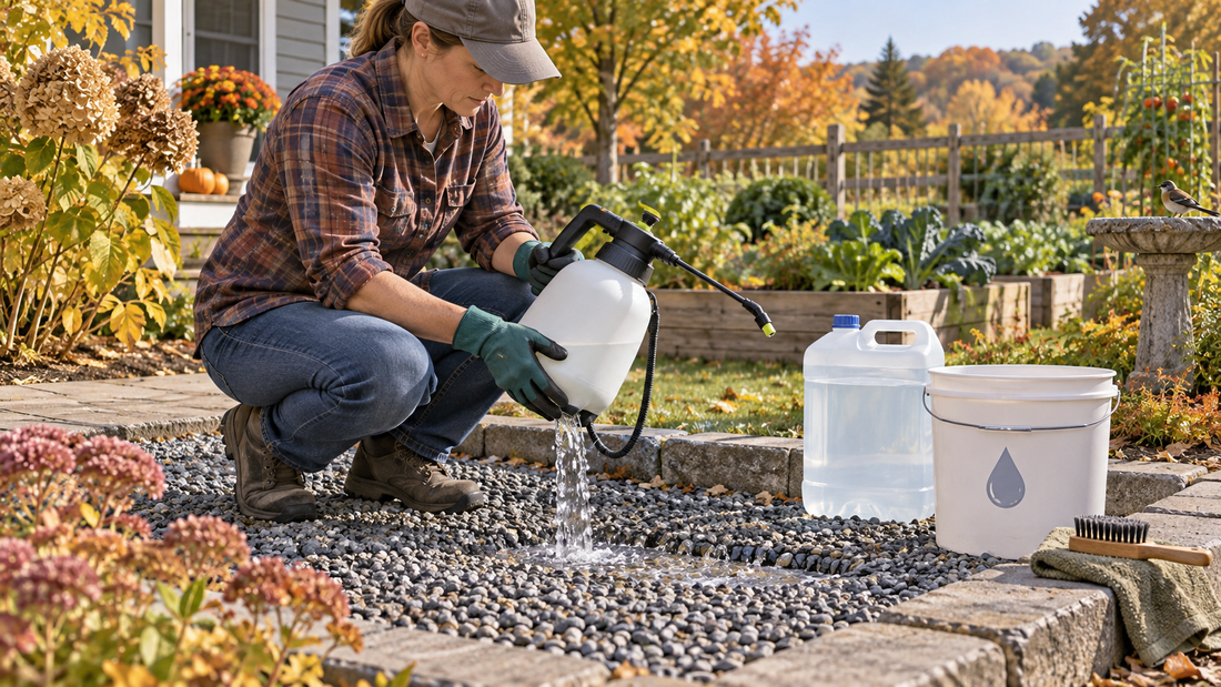 AI illustration of a cordless garden sprayer being rinsed safely