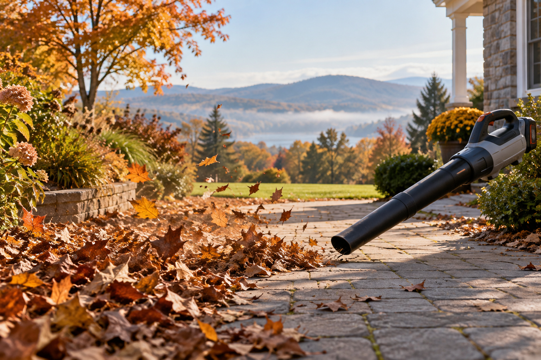 AI-generated illustration of a cordless leaf blower moving leaves along a fall walkway