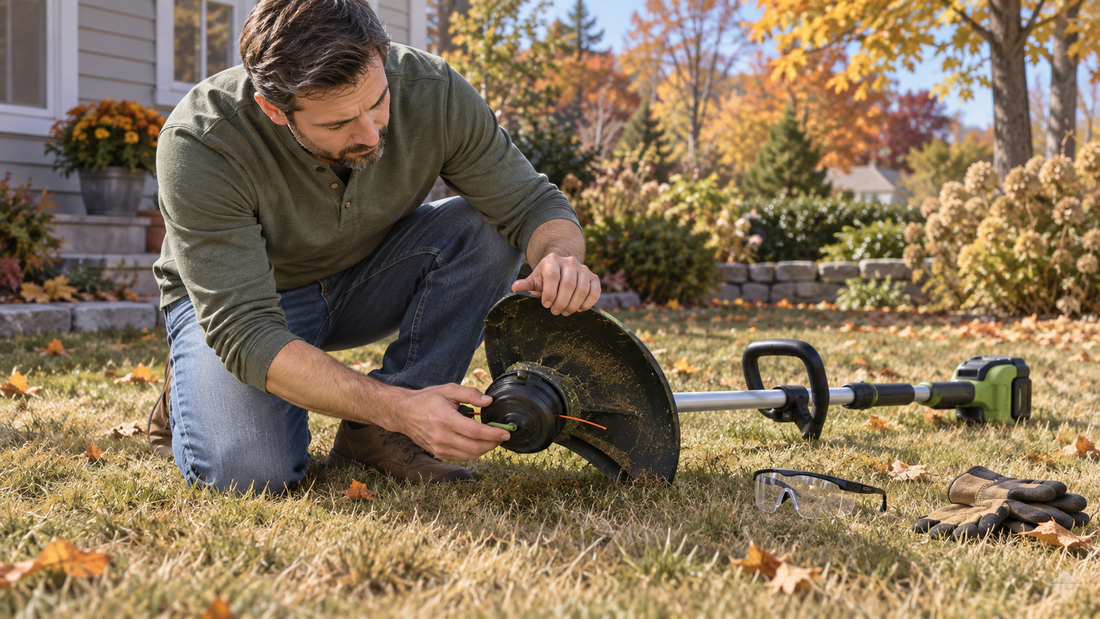 AI illustration of inspecting a cordless grass trimmer before fall use