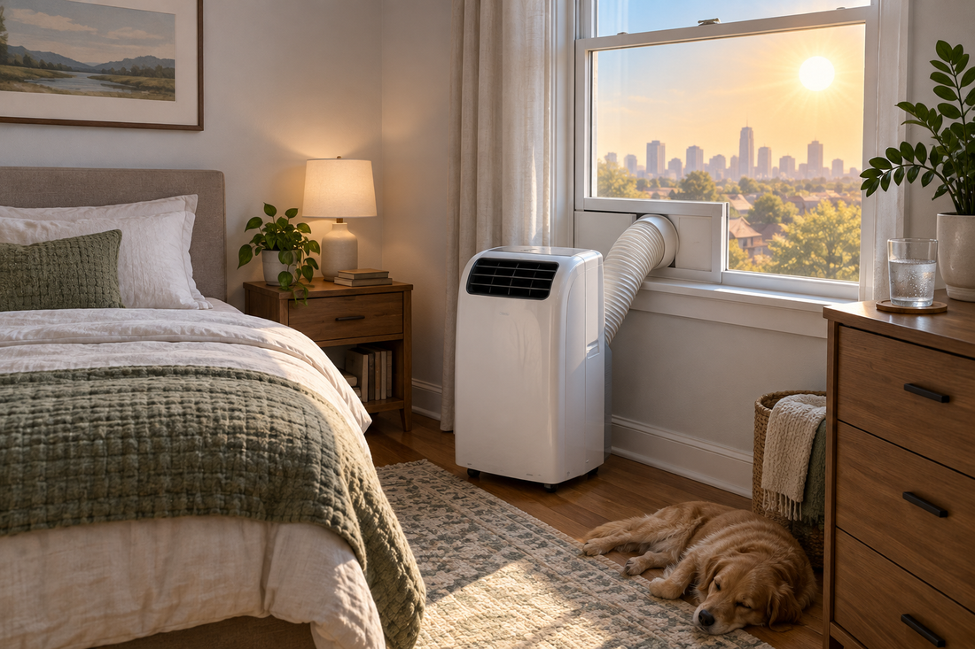 AI illustrative scene of a portable air conditioner cooling a bedroom during a hot September day