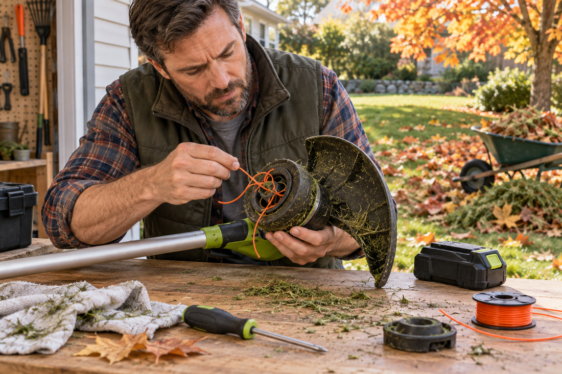AI-generated illustration of a homeowner inspecting tangled grass trimmer line with the battery removed