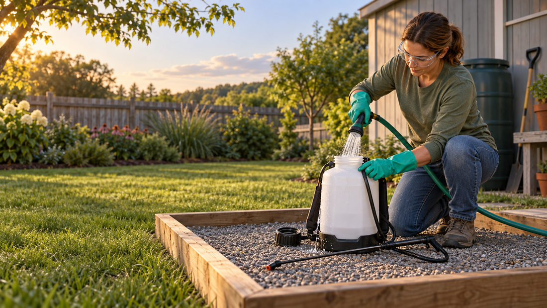 AI illustration of a gardener safely rinsing a cordless chemical sprayer