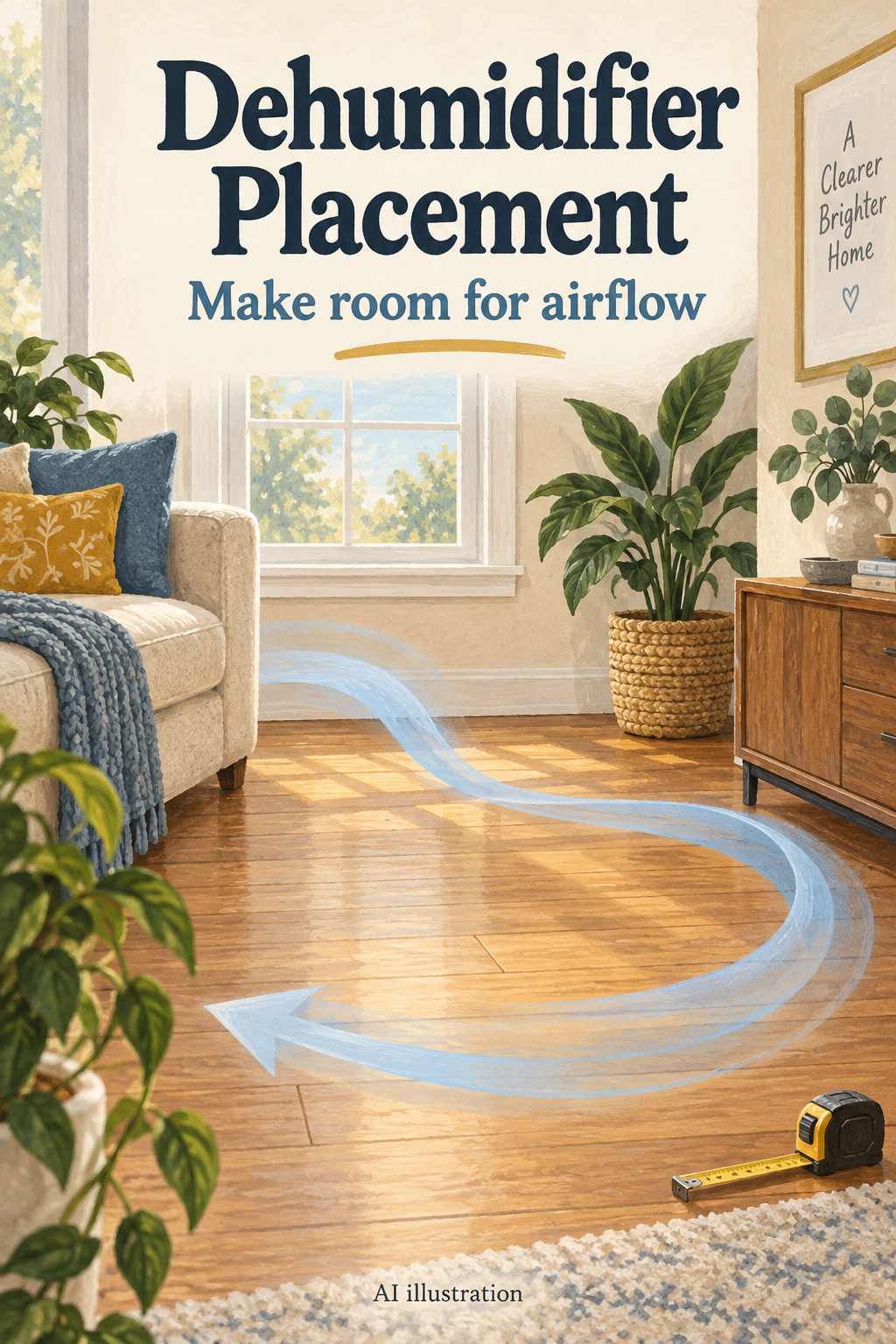 AI illustration of open floor space and a conceptual airflow ribbon, with the words Dehumidifier Placement and Make room for airflow.