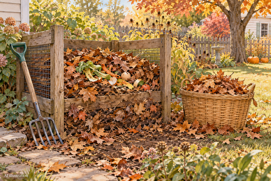 AI illustration of autumn leaves, a compost enclosure, a reserve leaf basket, and a garden fork.