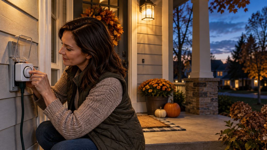 AI-generated illustration of a homeowner setting a generic plug-in timer for porch lights at dusk