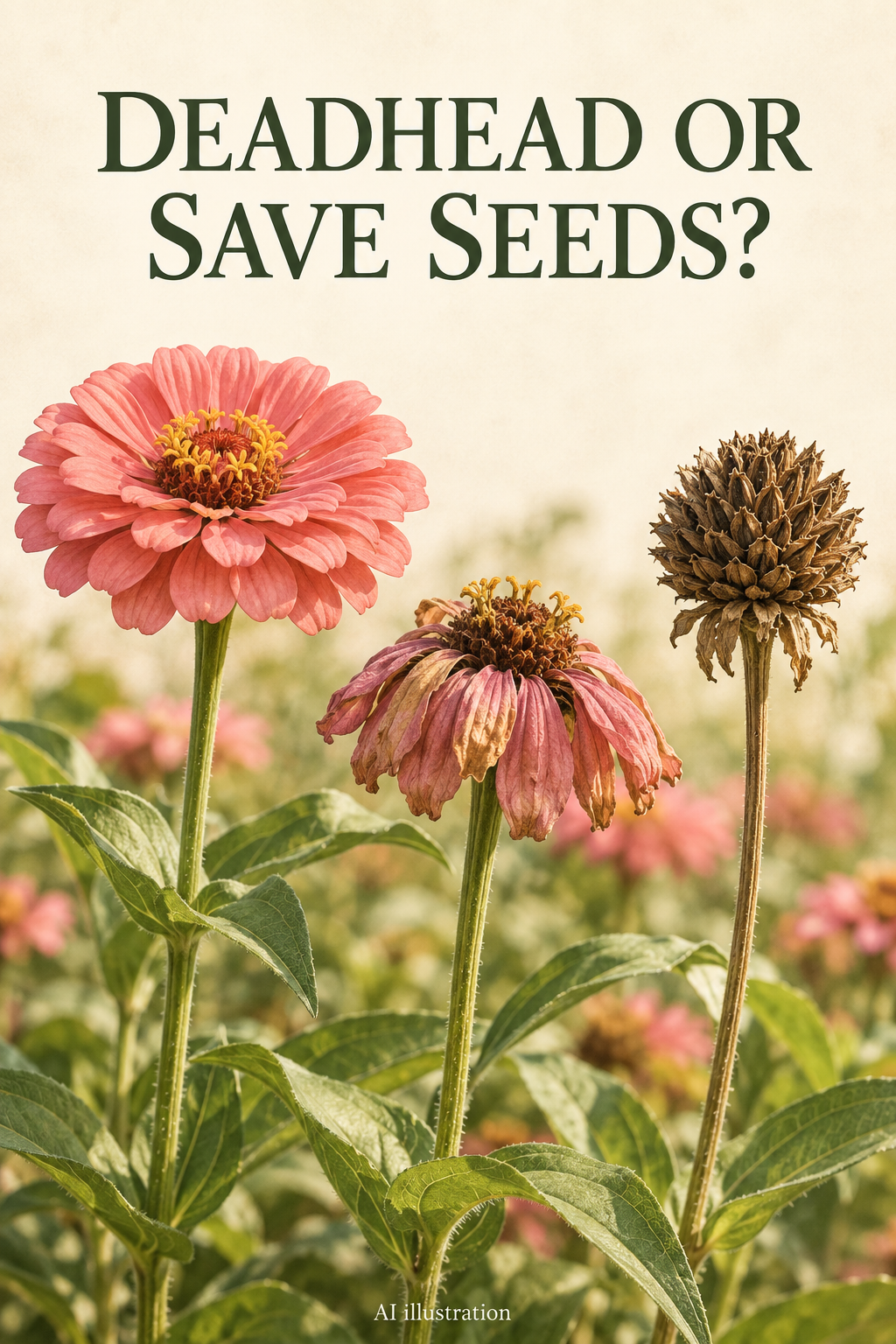 AI illustration of fresh, faded and dry zinnia flower heads, with the words Deadhead or Save Seeds?