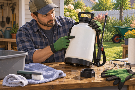 AI-generated illustration of a compact garden tool kit organized on a workbench