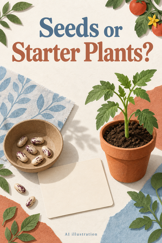 AI illustration of bean seeds in a small bowl and a tomato starter plant beside a blank garden planning card