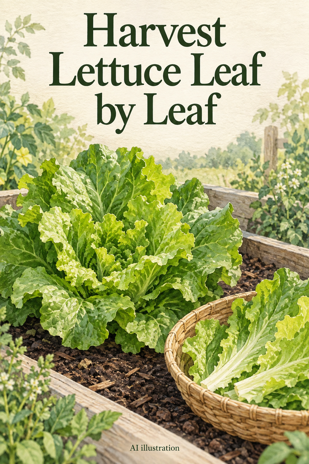 AI illustration of leaf lettuce growing in a garden bed beside a basket of picked outer leaves