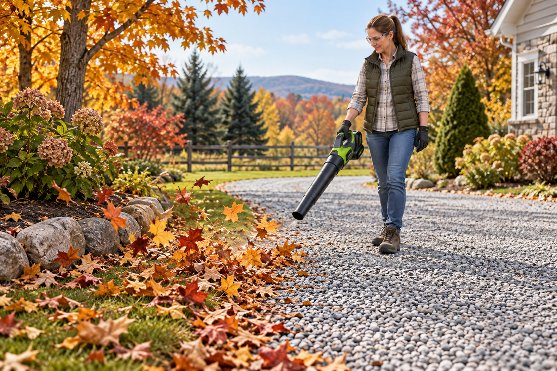 AI illustrative image for how do you blow leaves off gravel without moving the stones?; not a product photograph