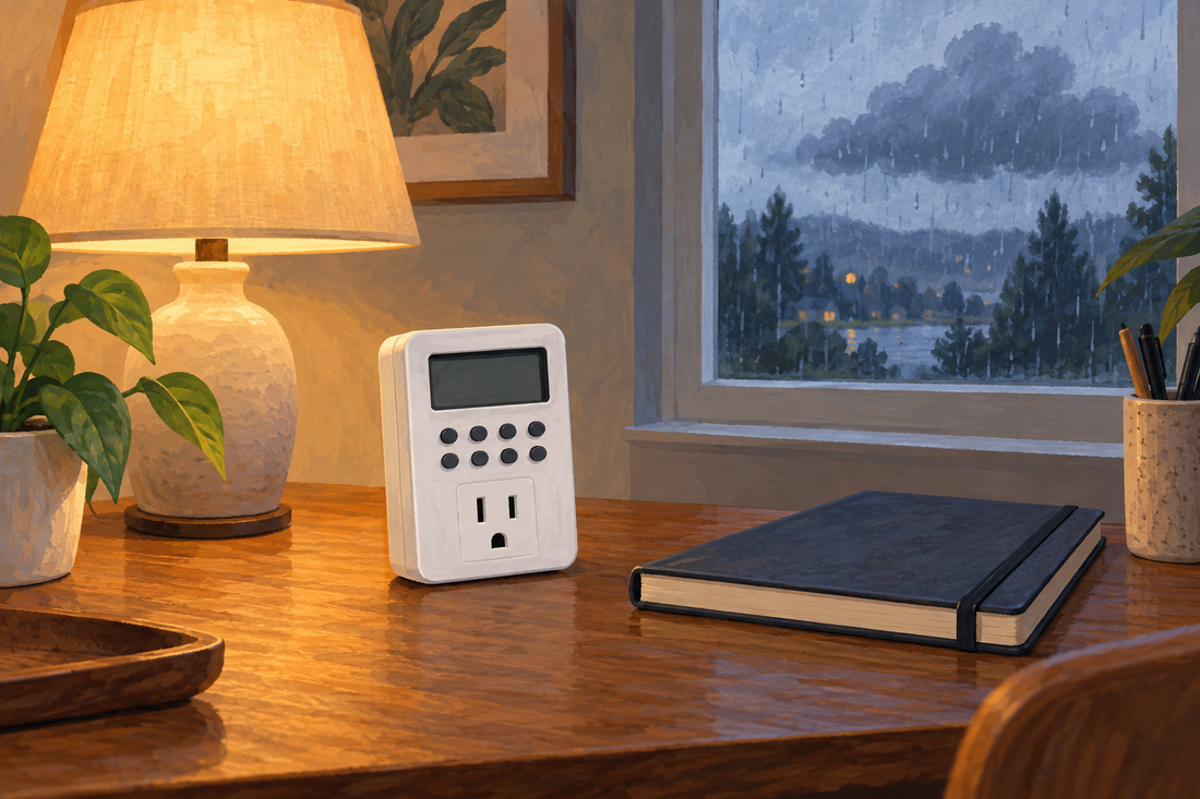 AI-generated illustration of an unplugged generic digital timer, lamp and planning notebook indoors with rain outside; not an official product photograph