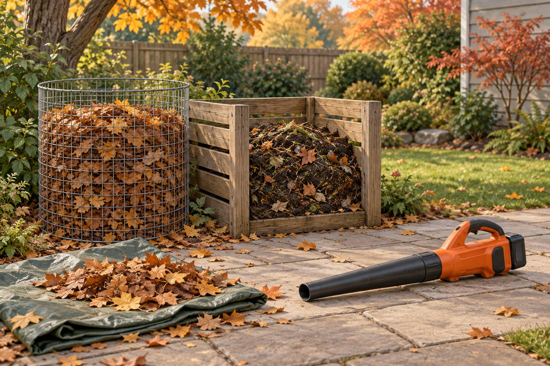 AI-generated illustration of separate leaf-storage and mixed-compost bins beside an idle cordless leaf blower