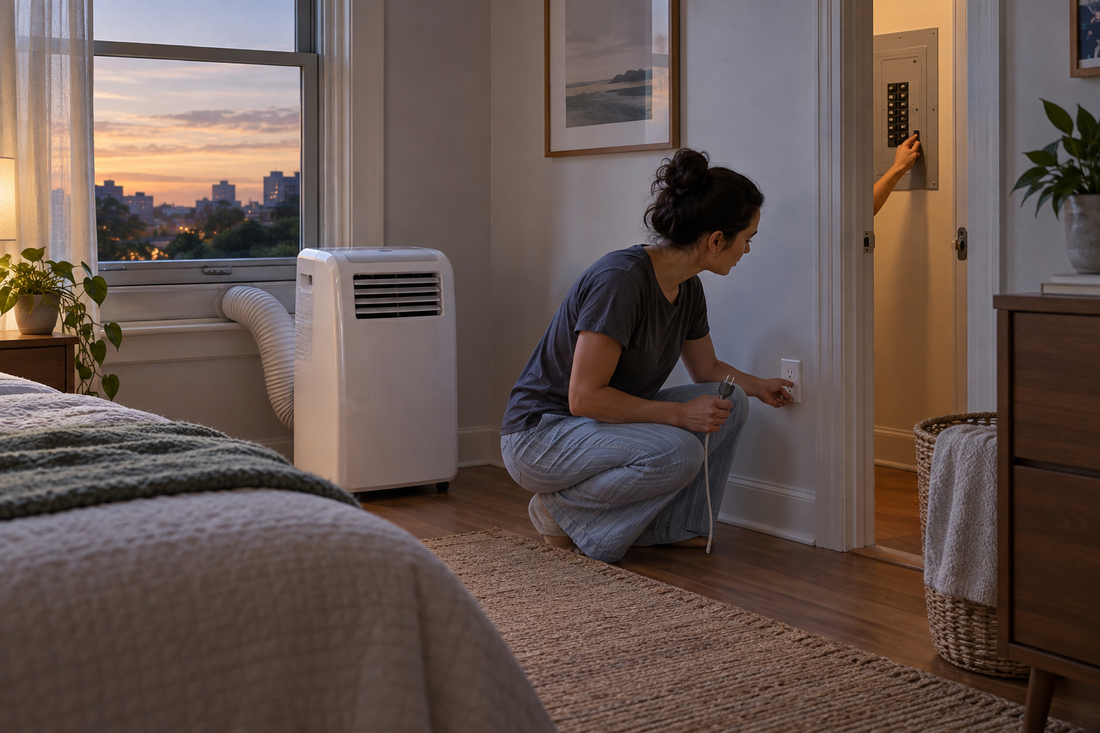 AI illustration of a homeowner checking a portable AC after a power outage