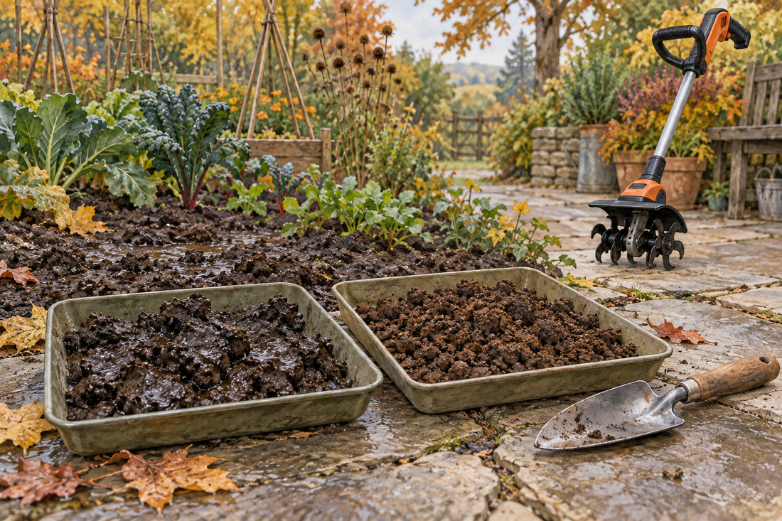 AI-generated illustration of crumbly and sticky soil samples beside an idle garden cultivator