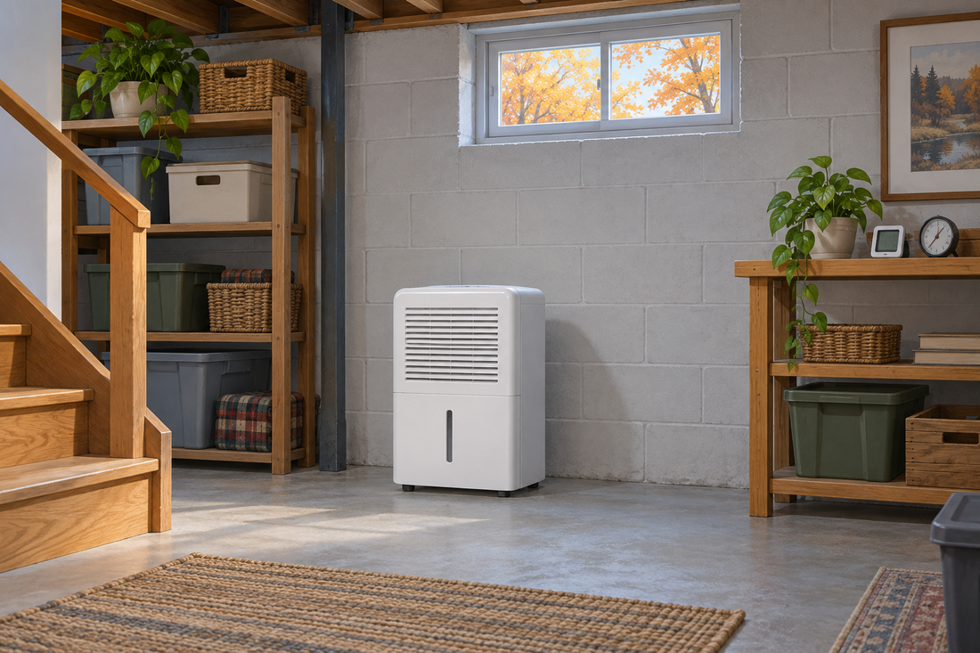 AI-generated conceptual illustration of a generic dehumidifier in an autumn basement; not a UDH0125 product photograph.