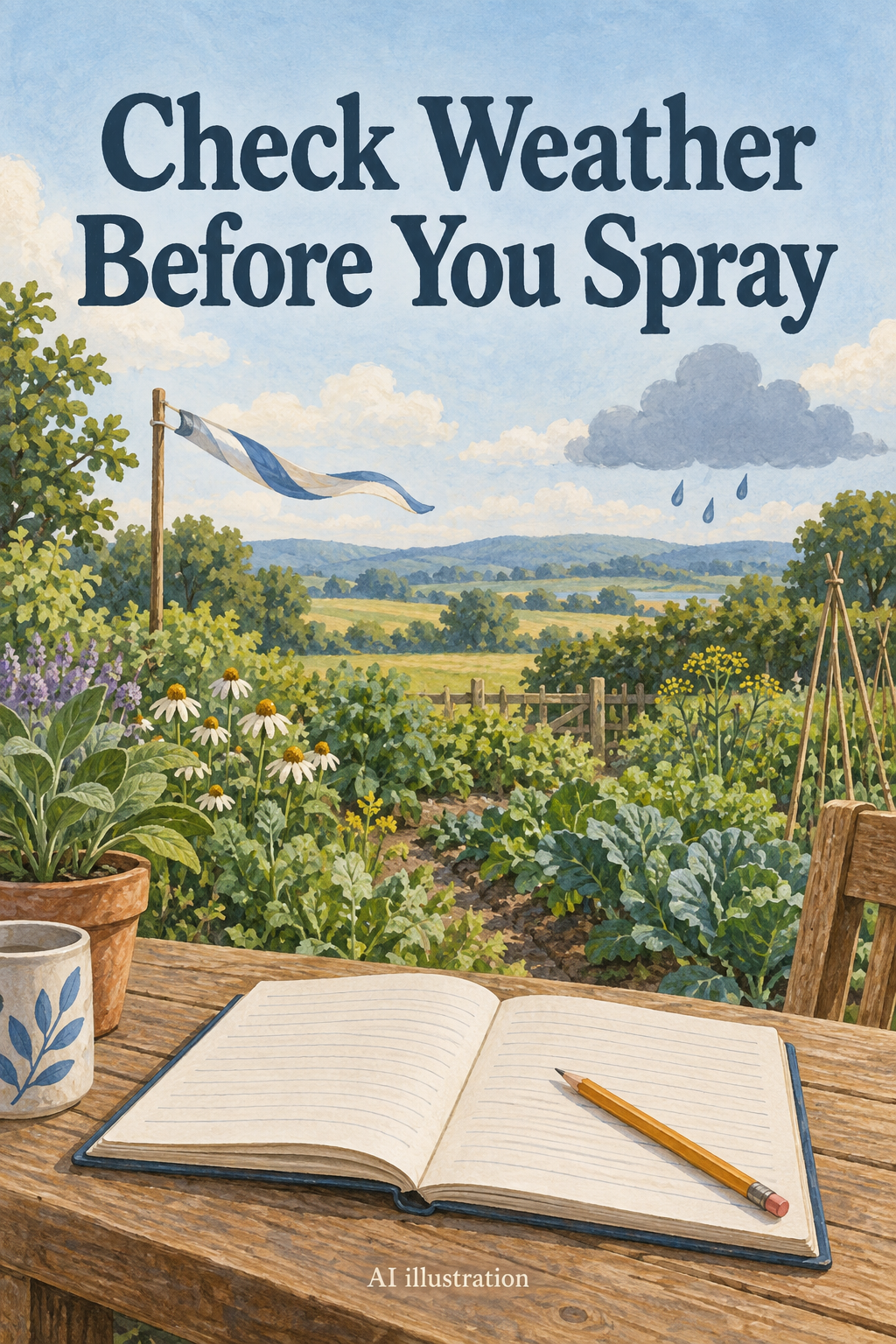 AI illustration of a garden weather-planning notebook with a wind ribbon and distant rain cloud, with no pesticide application shown