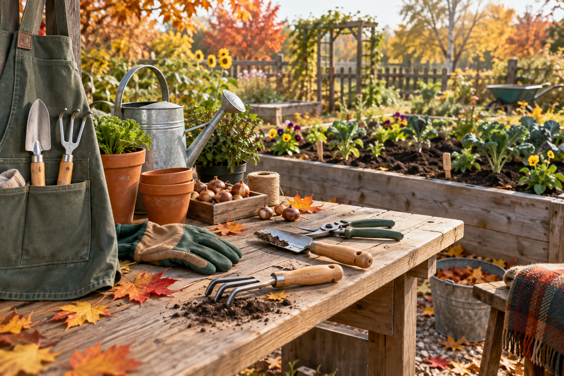AI-generated illustration of a fall community garden workbench with hand tools and an apron
