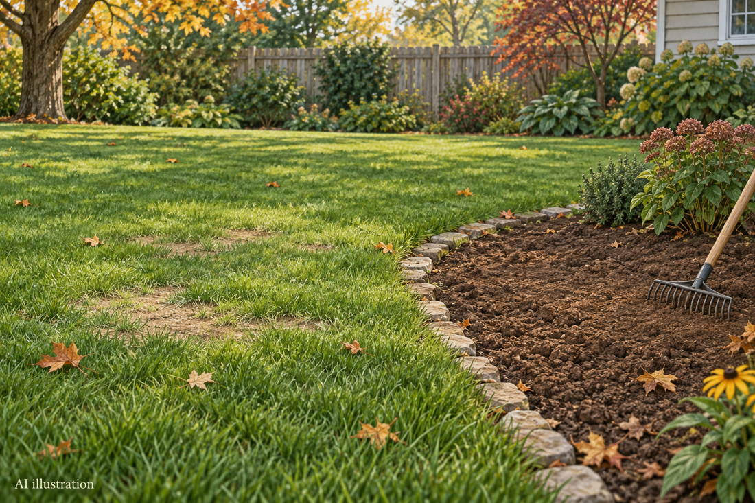 AI illustration of thin lawn patches beside a separate bare garden bed with a hand rake
