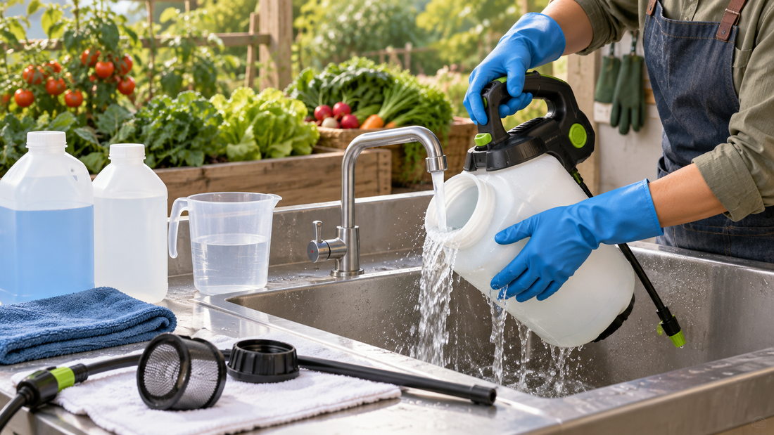 AI-generated illustration of a cordless garden sprayer being rinsed at a utility sink