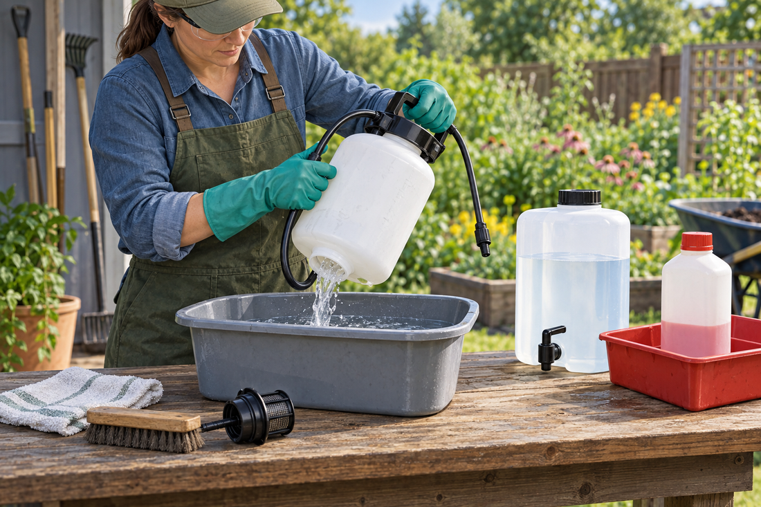 AI illustration of rinsing and storing a garden sprayer tank