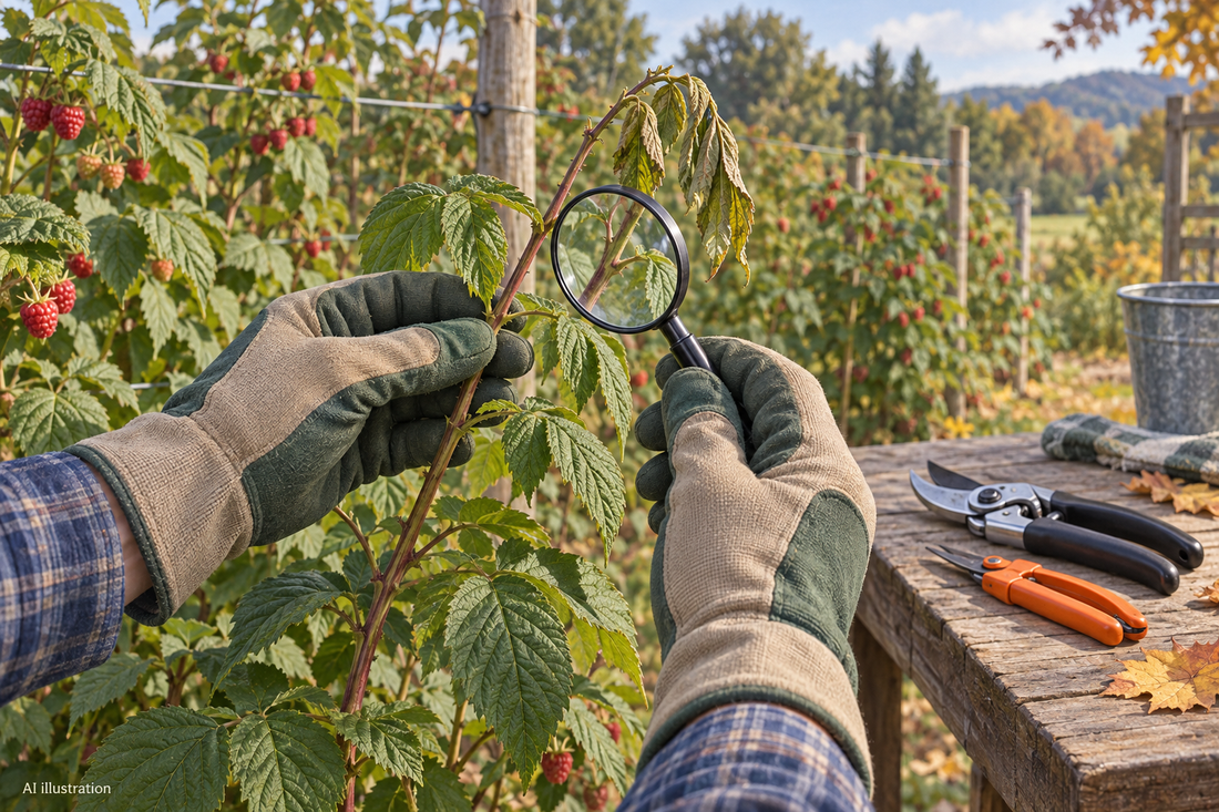 AI illustration of gloved hands inspecting a wilted raspberry cane tip with a magnifying glass before selective pruning