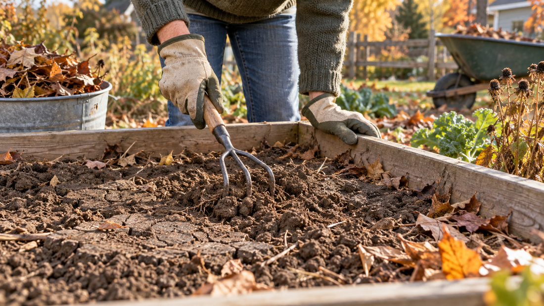 AI-generated illustration of loosening fall soil in a raised bed