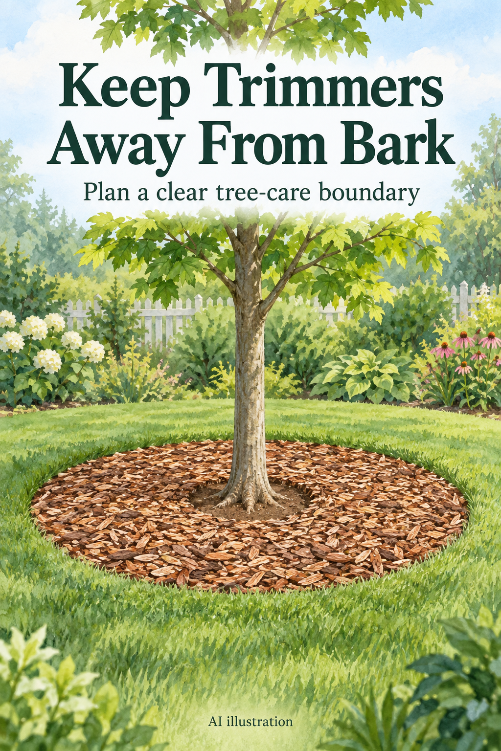 AI illustration of a young tree surrounded by a broad, shallow mulch ring with an open gap around the trunk and grass outside.