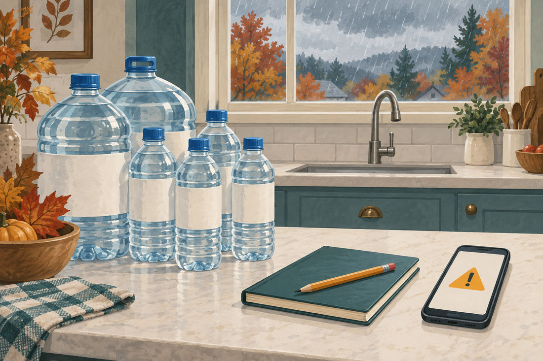 AI-generated illustration of sealed bottled water, a household planning notebook and an alert symbol during an autumn rainstorm.