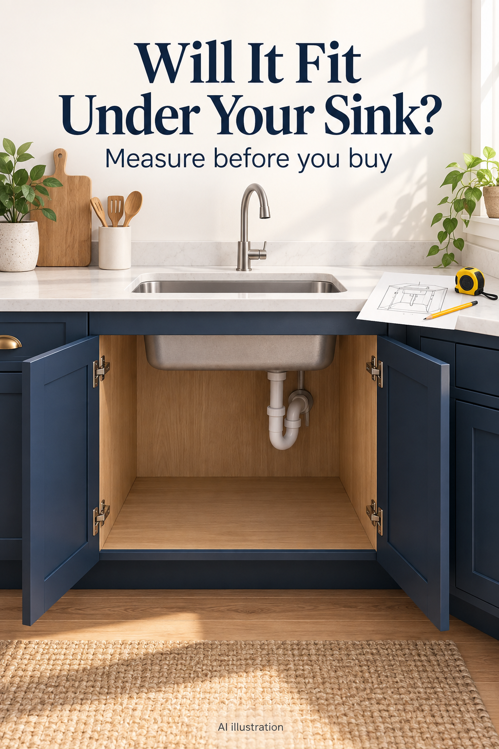AI illustration of an open under-sink cabinet, a measuring tape and a cabinet sketch for planning a water-filter purchase.