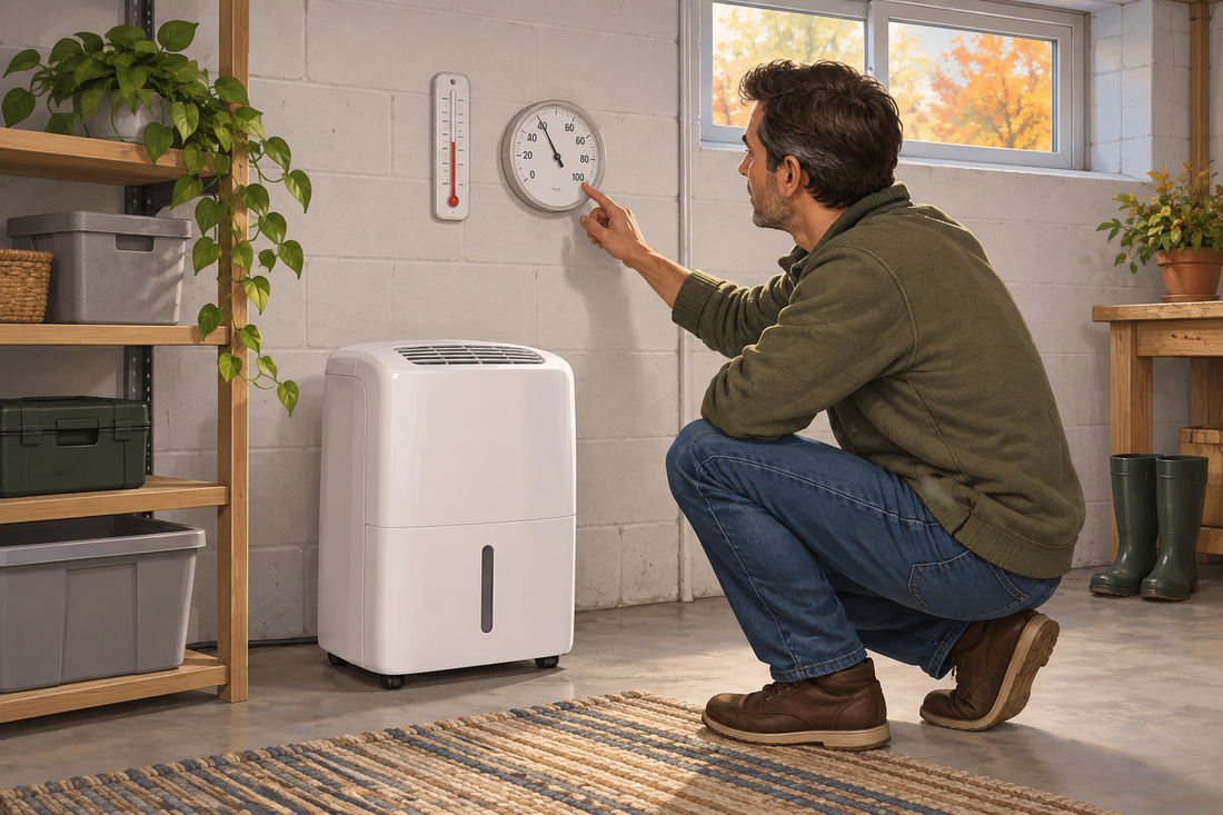 AI-generated illustration of a homeowner checking a thermometer and hygrometer beside an unbranded basement dehumidifier; not a product photo or test.