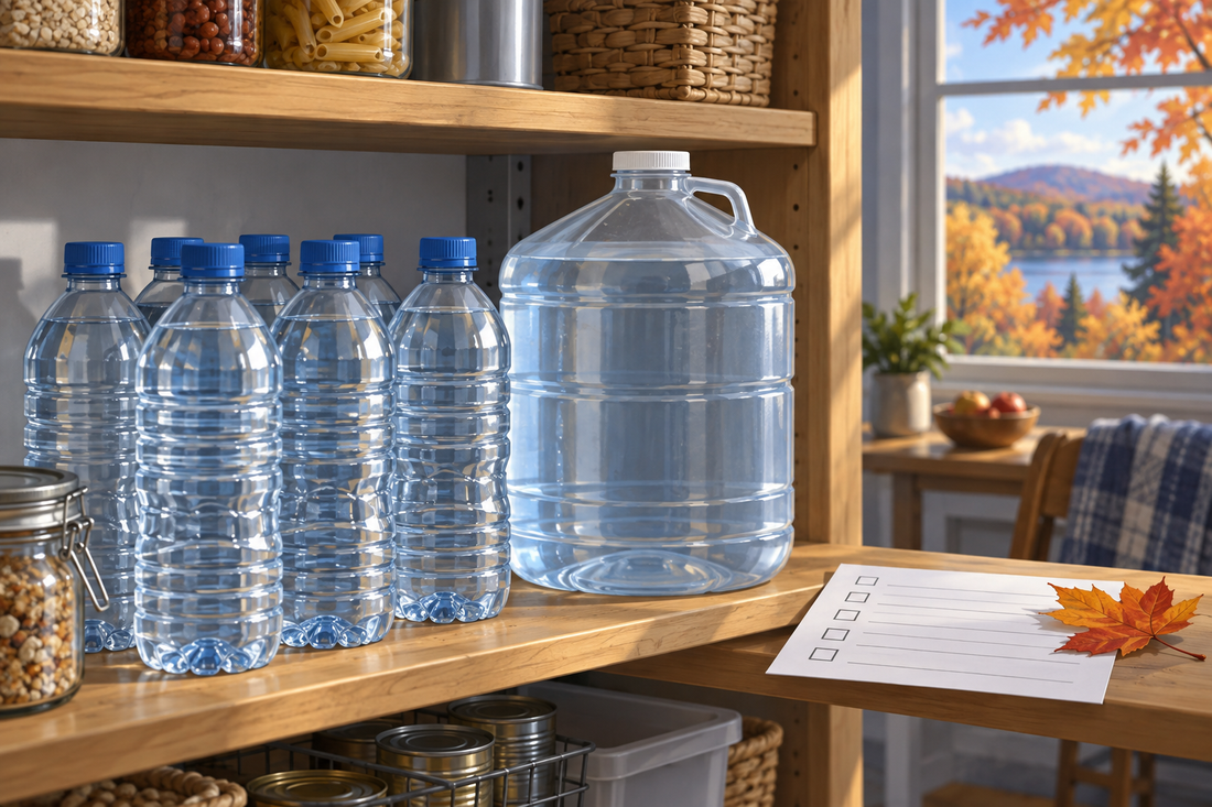 AI illustration of sealed drinking-water containers on a household pantry shelf; not a photograph proving any garden tank is food-safe.