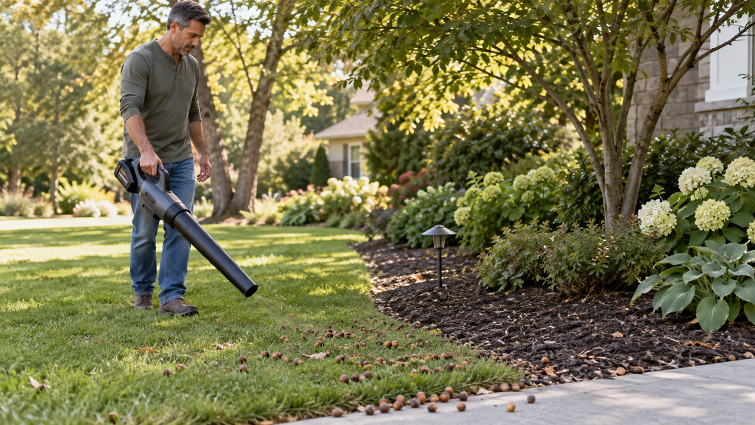 AI-generated illustration of a homeowner moving acorns along a lawn edge with a generic cordless blower