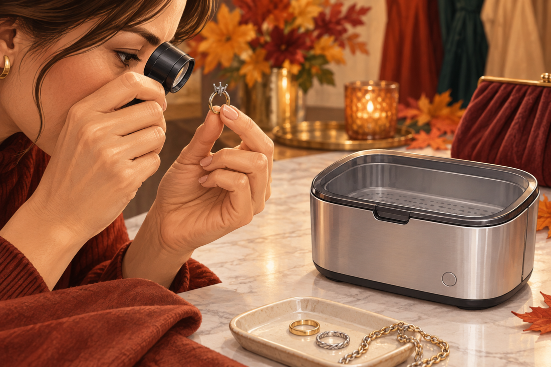 AI illustration of a person inspecting a ring setting beside a closed, empty ultrasonic cleaner; not a product photo or cleaning test.