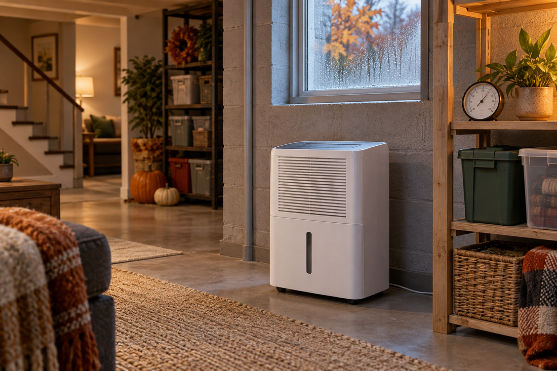 AI illustrative scene of a dehumidifier and hygrometer in a fall basement