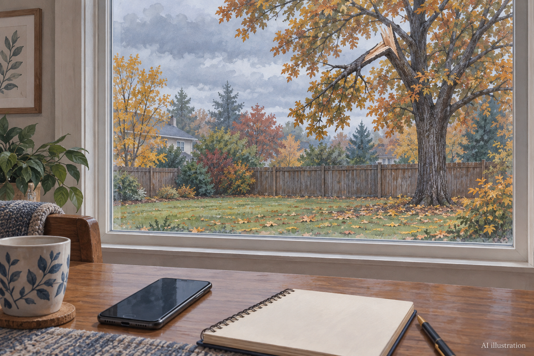 AI illustration viewed from indoors of a storm-damaged branch in a distant autumn tree.