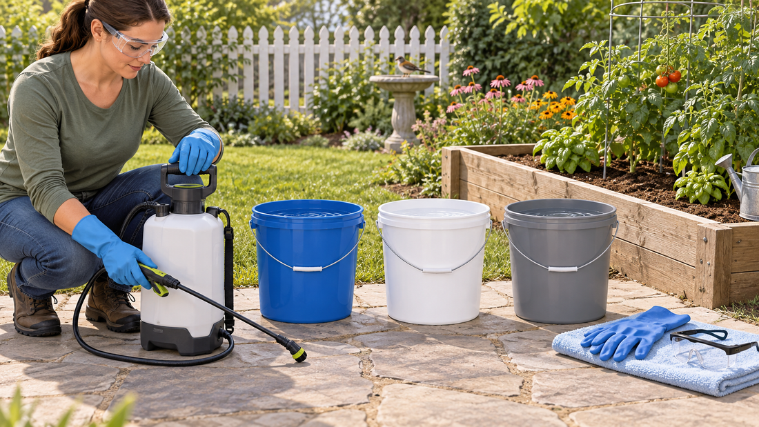 AI-generated illustrative garden sprayer rinse and protective equipment scene