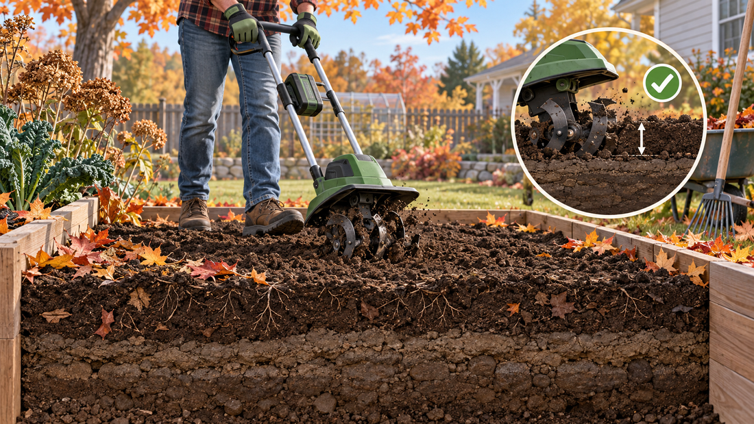 AI illustrative cordless tiller working shallowly in a fall garden bed