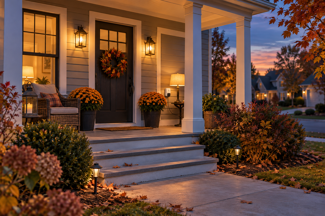 AI-generated editorial illustration of fall porch lights turning on at dusk with a timer