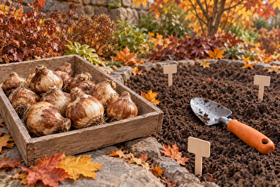 AI-generated illustration of flower bulbs and a hand trowel beside an autumn planting bed