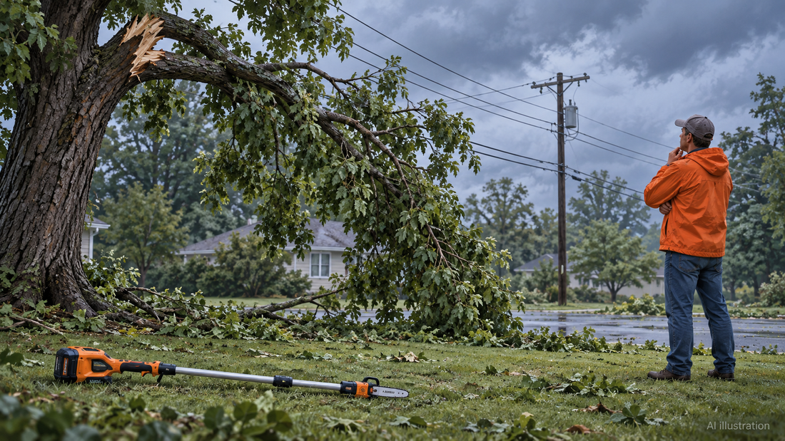 AI illustration of a homeowner standing away from a storm-damaged branch and utility lines