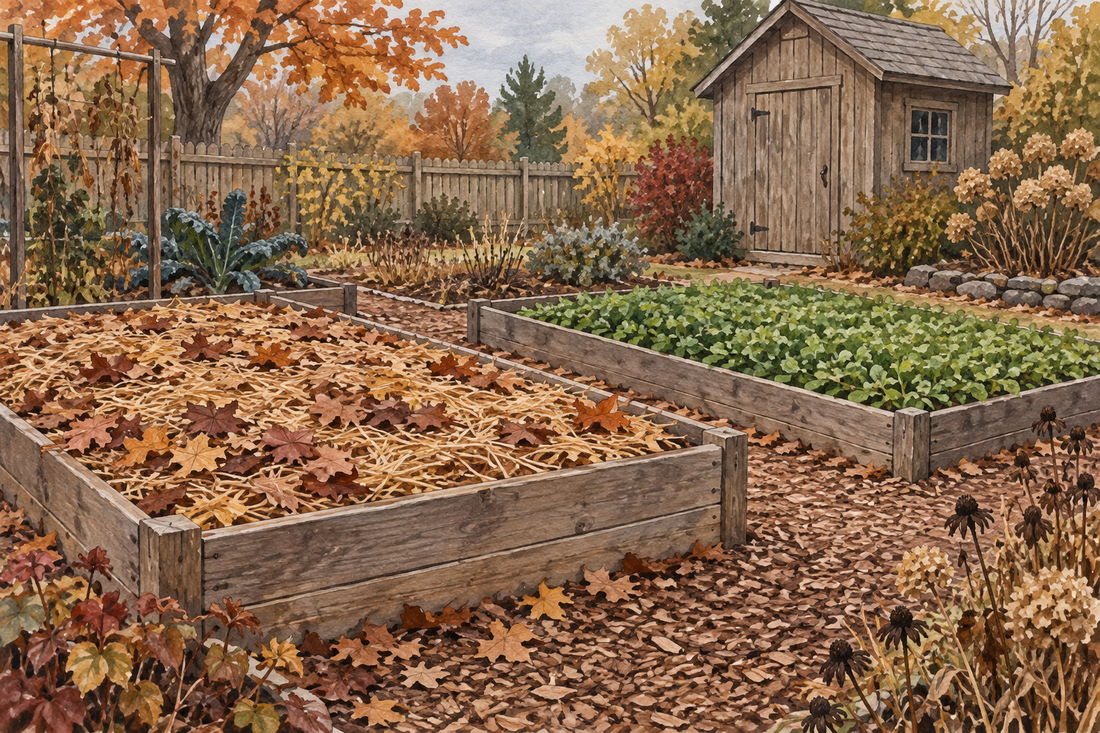 AI-generated illustration of autumn vegetable beds protected by surface mulch and a green cover crop
