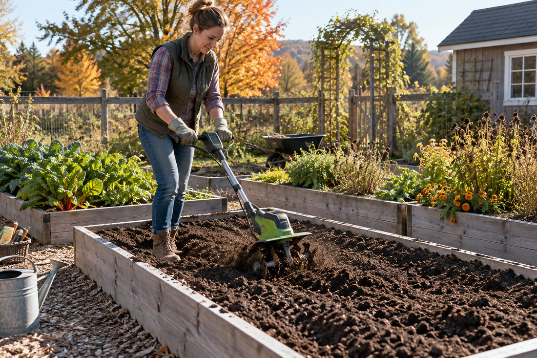 AI illustrative image of preparing a raised garden bed with a compact cordless cultivator in early fall; not a product photograph
