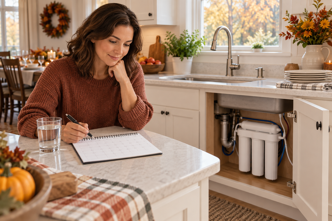 AI-generated illustration of a homeowner checking a blank maintenance calendar beside an under-sink water filter; not a water test or product photo.