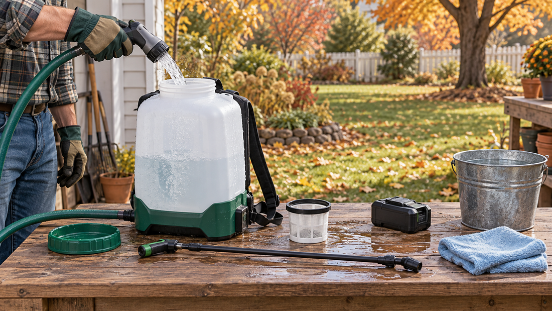 AI illustration of a cordless garden sprayer being rinsed before a product change