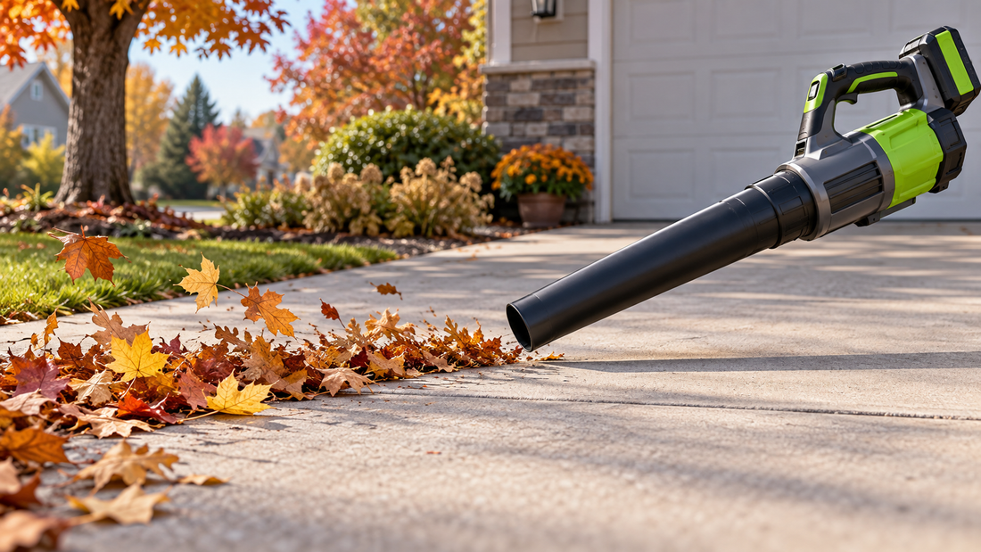 AI-generated illustration of a cordless blower moving autumn leaves; not an official product photo or test result