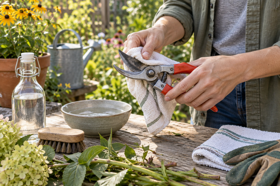 AI illustrative concept of disinfecting pruning shears between garden plants