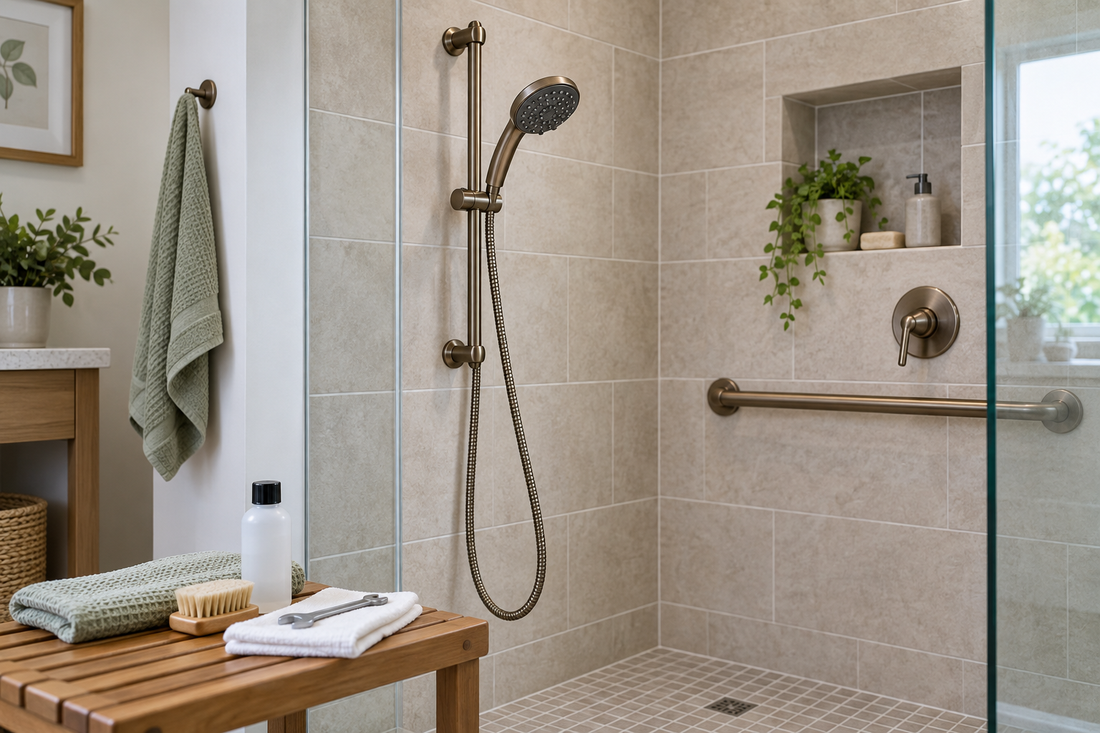 AI illustrative bathroom scene showing a handheld shower and hose positioned at a comfortable height
